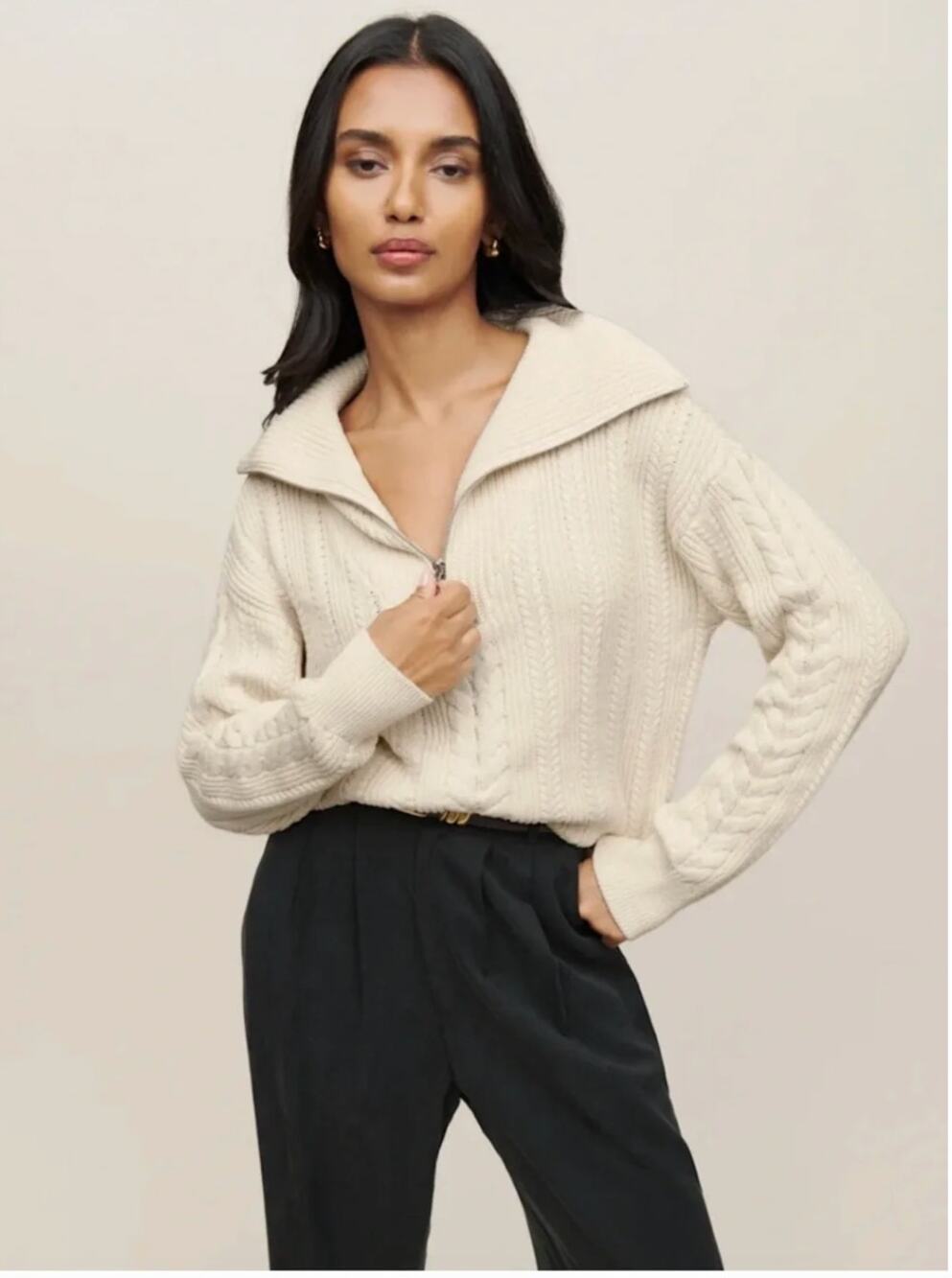Reformation Lucca Cable Knit Half Zip Sweater Organic Cotton XS